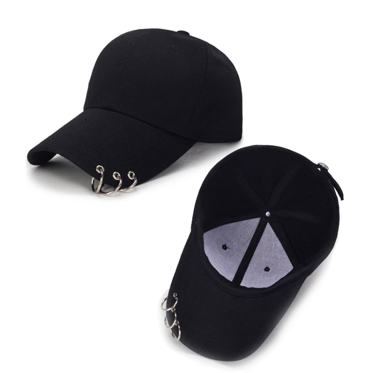 Black unisex baseball cap showing front and back with metal ring strap