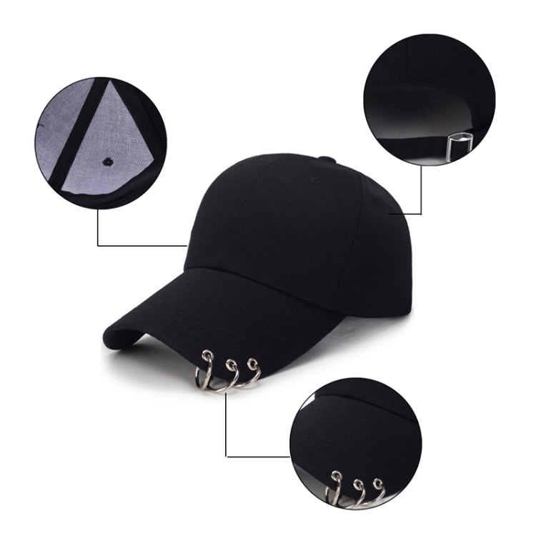 Black unisex baseball cap with curved brim, interior lining, and metal ring hardware