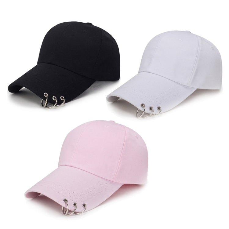 Set of unisex baseball caps in black, white, and pink with metal ring straps