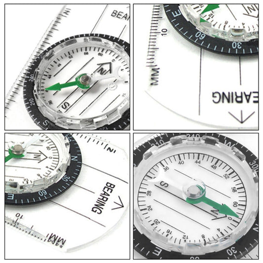 Transparent compass dial with green needle and ring markings, handheld mini compass