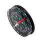 Black side view mini compass showing red needle, compass dial with green N/E/S letters