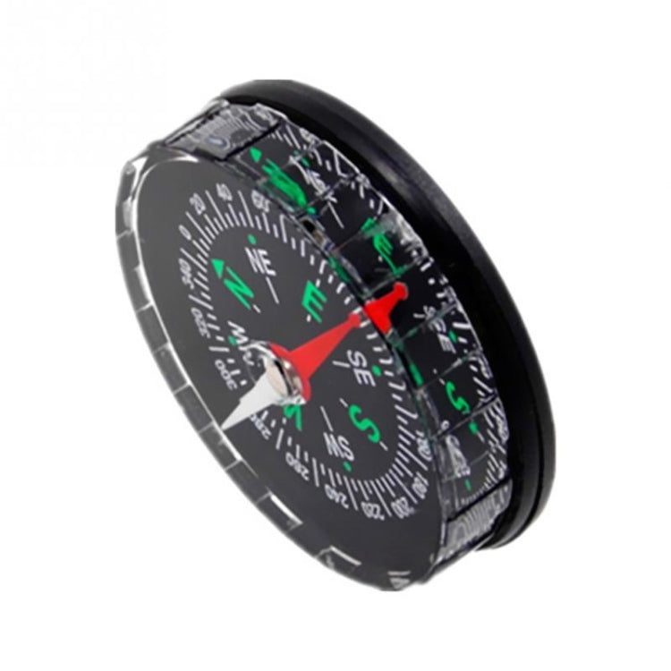 Black side view mini compass showing red needle, compass dial with green N/E/S letters