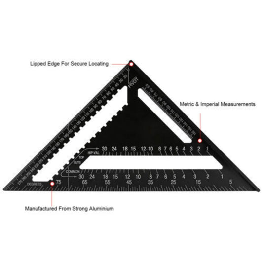 Black angle ruler with metric and imperial measurement markings and secure lip edge