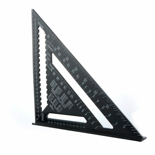 Black angle ruler with white guide arm, metric degree scale, and triangular base