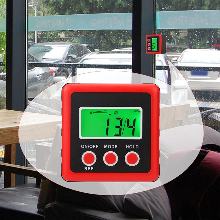 Red digital tilt meter with green LCD and ON/OFF, MODE, HOLD control buttons.