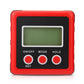 Red digital tilt meter with green LCD screen and three round control buttons.