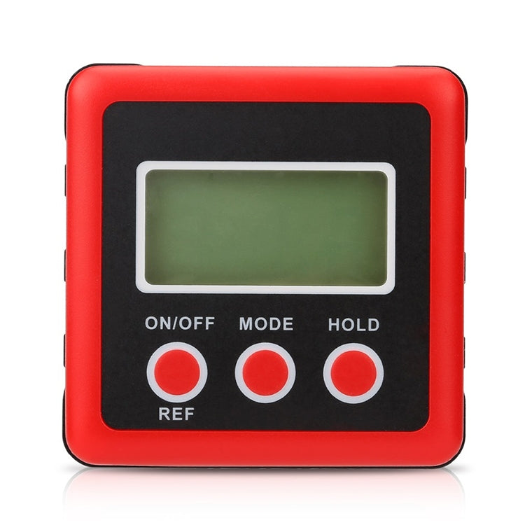 Red digital tilt meter with green LCD screen and three round control buttons.