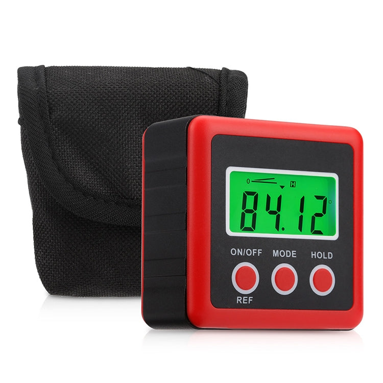 Red digital tilt meter with green LCD beside a black storage pouch.