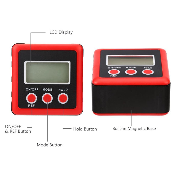 Red digital tilt meter showing LCD, mode buttons, and built-in magnetic base.