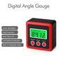Red digital angle gauge tilt meter with green backlit LCD and button controls.