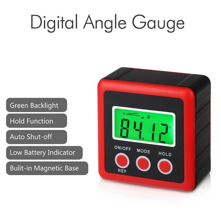 Red digital angle gauge tilt meter with green backlit LCD and button controls.