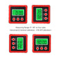Red digital tilt meter shown in multiple views with green LCD readings.