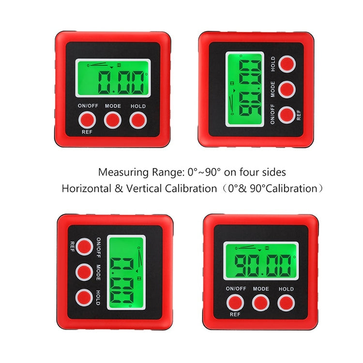 Red digital tilt meter shown in multiple views with green LCD readings.