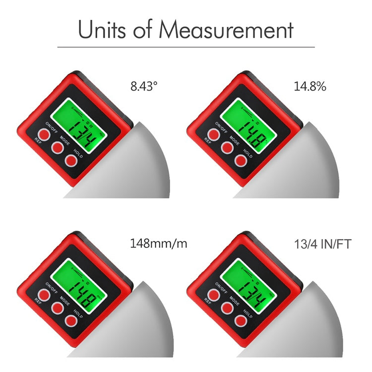Red digital tilt meter with green LCD showing angle measurement in different units.