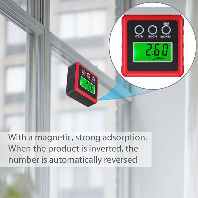 Red digital tilt meter with green LCD mounted by magnetic base on a metal frame.