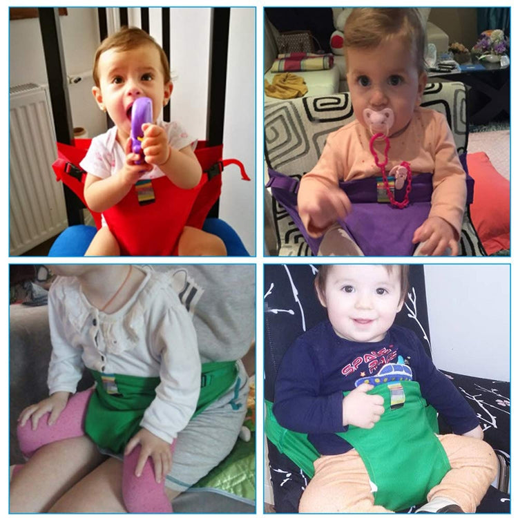 Baby seat safety harness booster shown in multiple colors with buckle and straps
