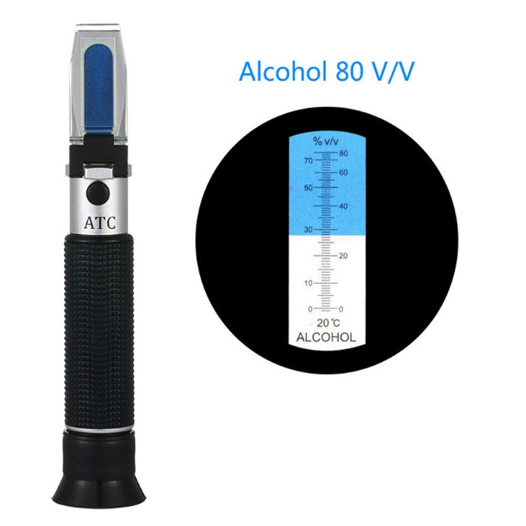 Handheld refractometer with black grip and %V/V scale in blue lens window
