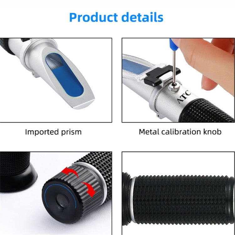 Refractometer details: metal calibration knob, prism window, textured grip