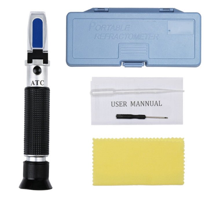Handheld refractometer kit with carrying case, user manual, and yellow cleaning cloth