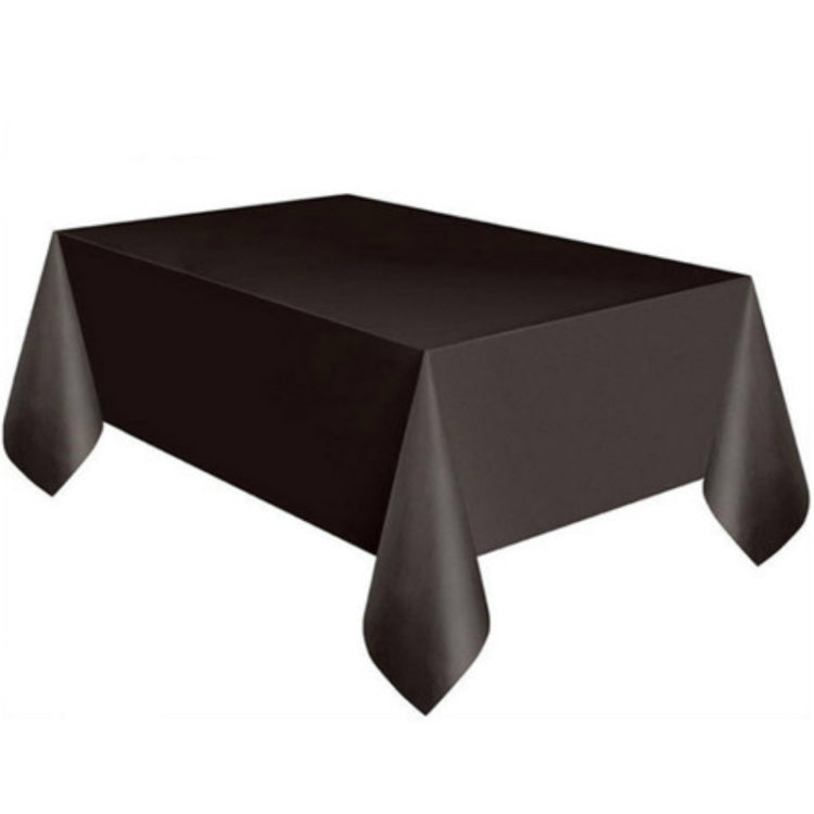 Disposable plastic tablecloth in solid black with draped corners and straight rectangle top.
