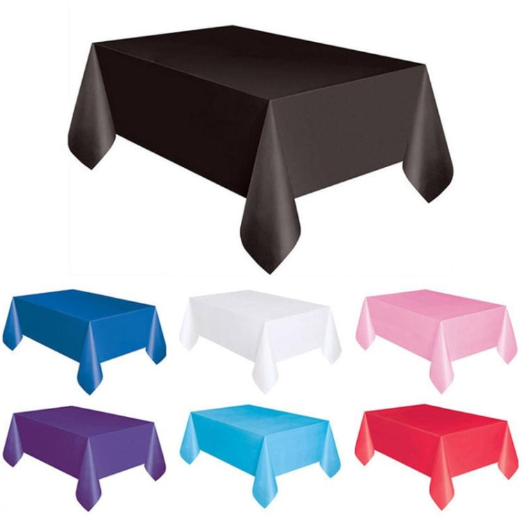 Disposable plastic tablecloths assortment in blue, white, pink, purple, light blue, and red.