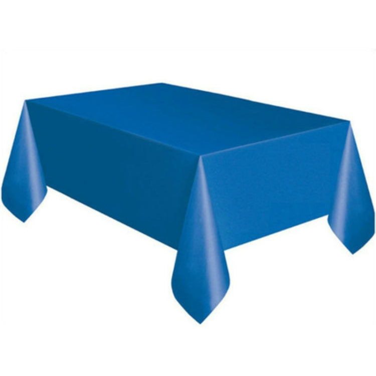 Disposable plastic tablecloth in solid blue, rectangular with draped corner sections.