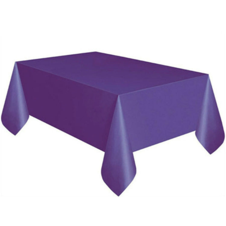 Disposable plastic tablecloth in solid purple, rectangular with draped corner folds.