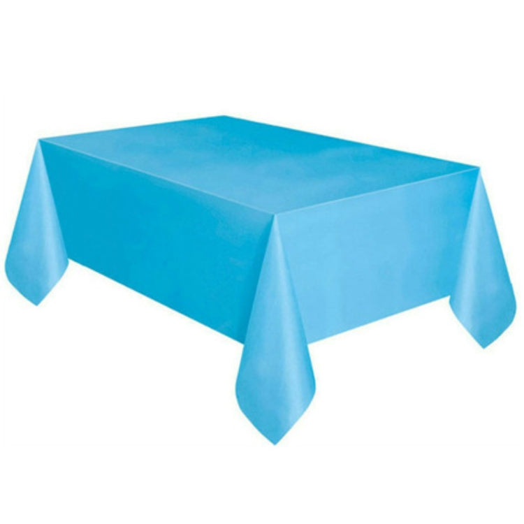 Disposable plastic tablecloth in solid light blue, rectangular with hanging corner folds.