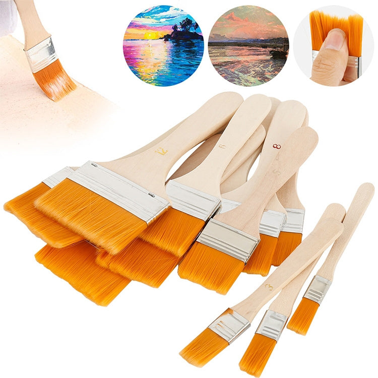 Set of flat paint brushes with wooden handles and orange nylon bristles