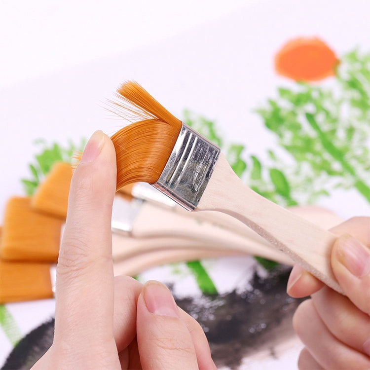 Handheld flat paint brush with orange nylon bristles and silver ferrule