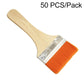 Flat paint brush with wooden handle, silver ferrule, and orange nylon bristles