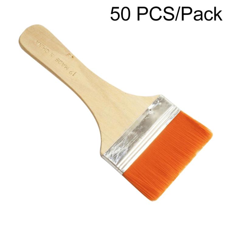 Flat paint brush with wooden handle, silver ferrule, and orange nylon bristles
