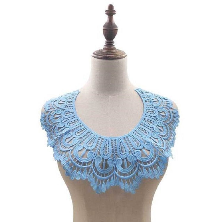 Sky blue lace embroidered fake collar with scalloped neckline border and cutwork