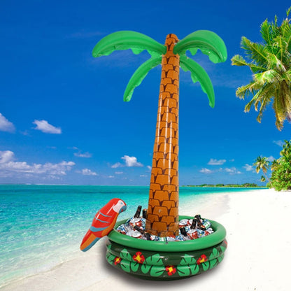 Inflatable parrot and palm tree ice bucket with green ring base and brown trunk