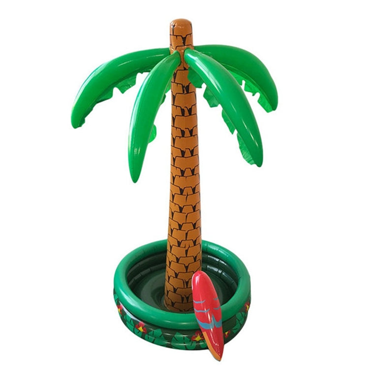Inflatable palm tree trunk with green leaves and red parrot float in green ring
