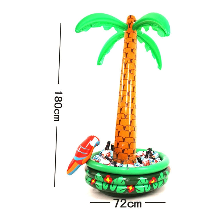 Inflatable palm tree-shaped ice bucket with green ring, brown trunk, and parrot