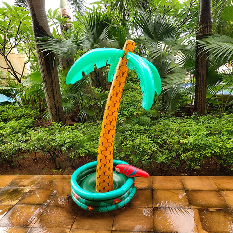 Inflatable palm tree ice bucket with green ring base, brown trunk, and red parrot