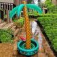 Inflatable coconut-tree ice bucket with green ring and red parrot beside brown trunk