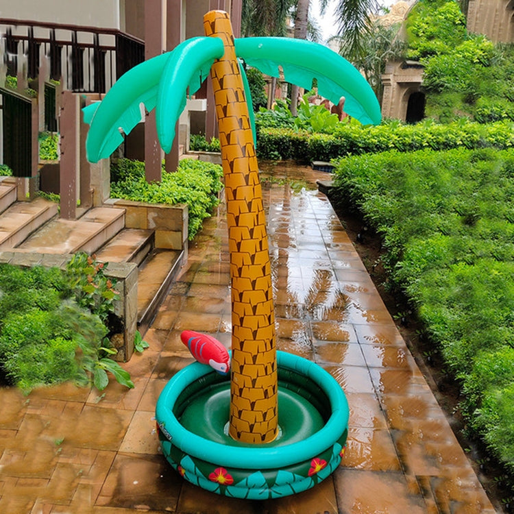 Inflatable coconut-tree ice bucket with green ring and red parrot beside brown trunk