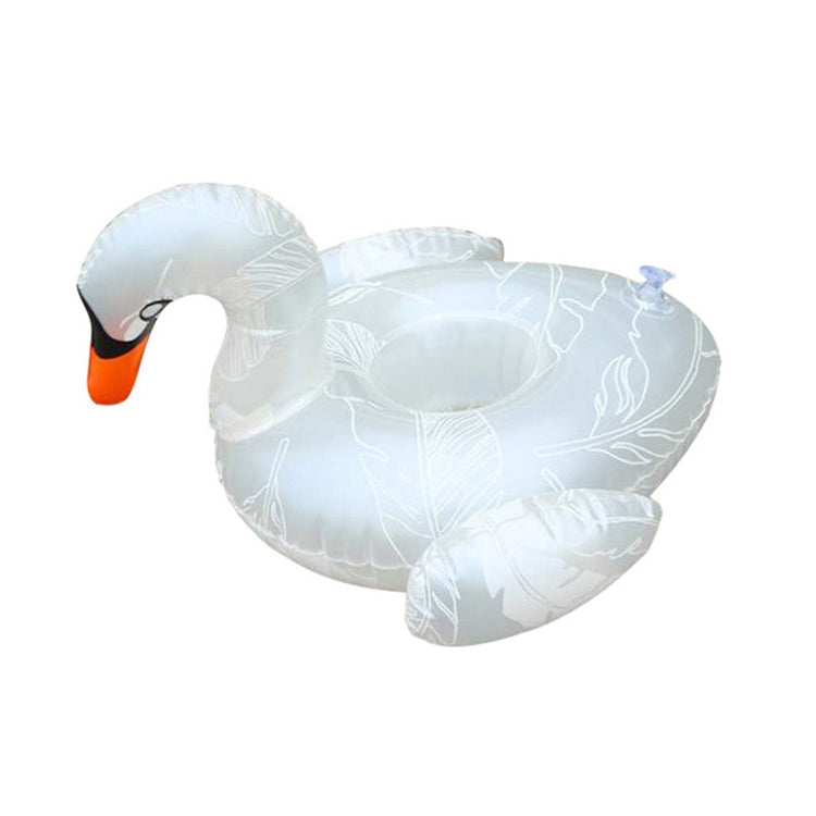 Inflatable white swan cup holder with feather-pattern body and center tray
