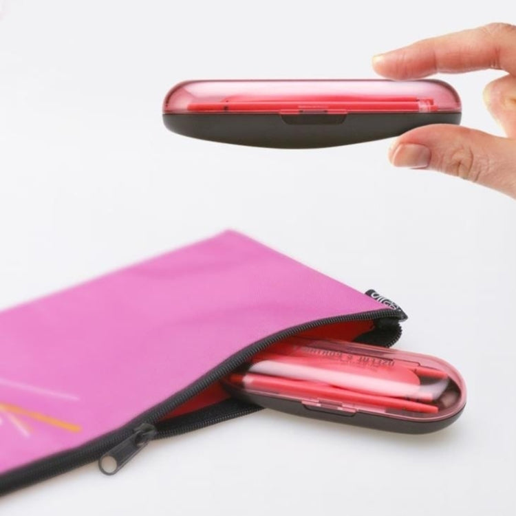 Portable cutlery case with pink utensils inside, zipper bag accessory shown open.