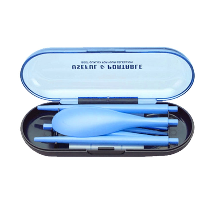 Blue mini folding dinnerware set in compact case, 3-piece portable cutlery set.