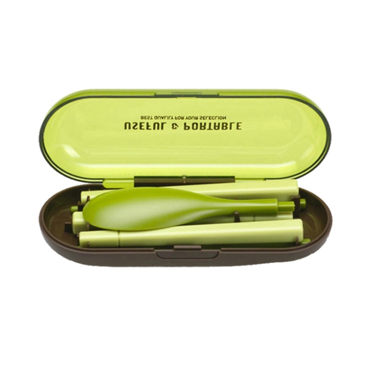 Green mini folding dinnerware set in compact case, 3-piece portable cutlery set.