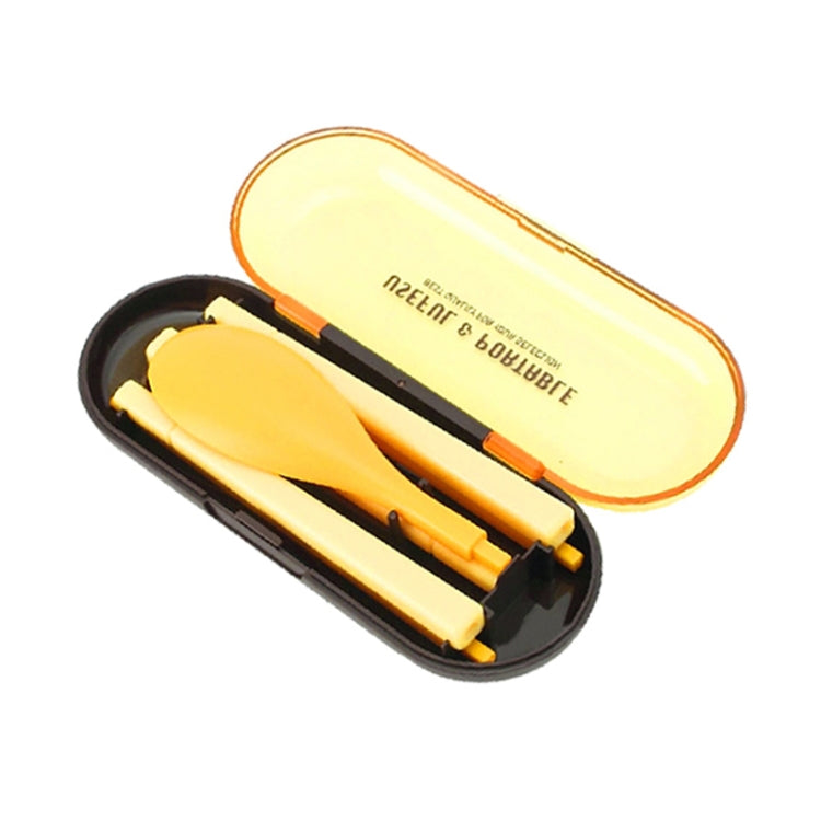 Yellow mini folding dinnerware set in compact case, 3-piece portable cutlery set.