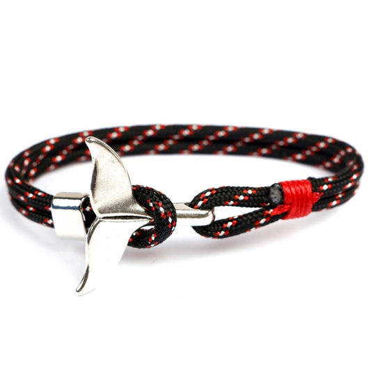 Black and red flecked rope bracelet with a silver whale-tail clasp