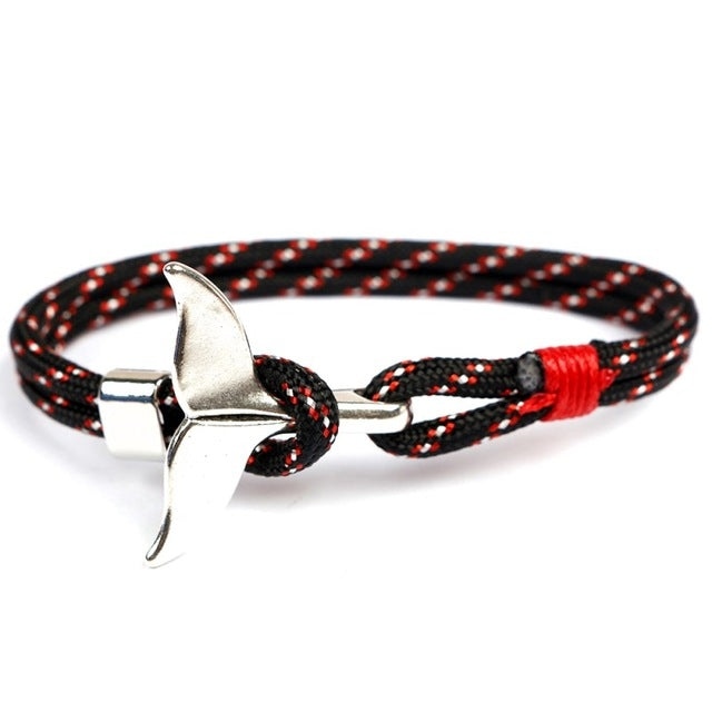 Nautical rope bracelet with whale-tail anchor charm, black and red braided cords