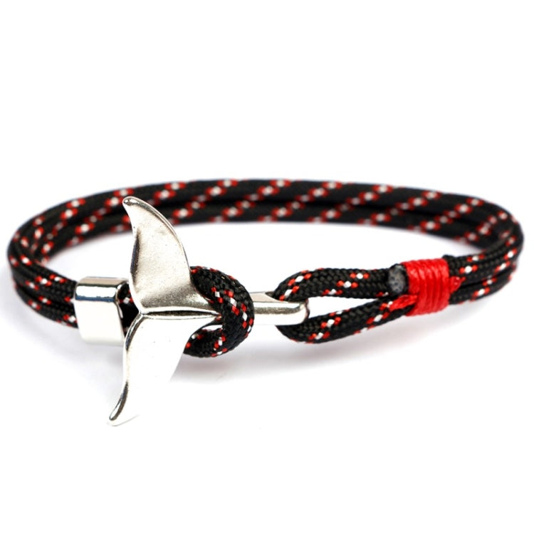 Nautical rope bracelet with whale-tail anchor charm, black-and-red patterned braid
