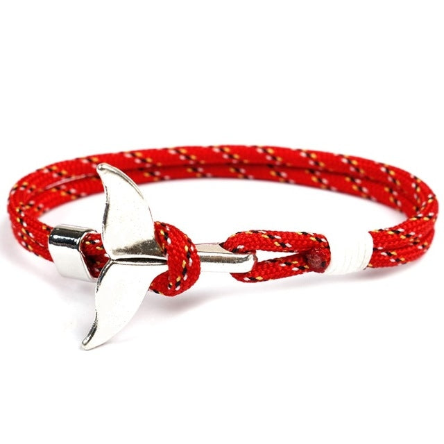 Nautical rope bracelet with whale-tail anchor charm, red braided cord with white-and-red knot