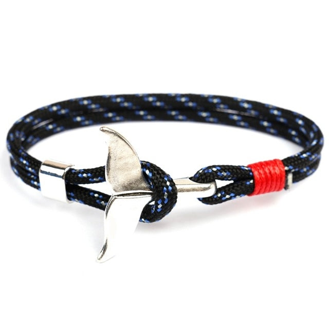 Nautical rope bracelet with whale-tail anchor charm, black-blue rope with red side cord