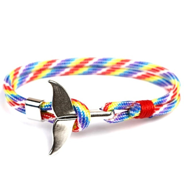 Nautical rope bracelet with whale-tail anchor charm, multicolor striped braided cord and red end